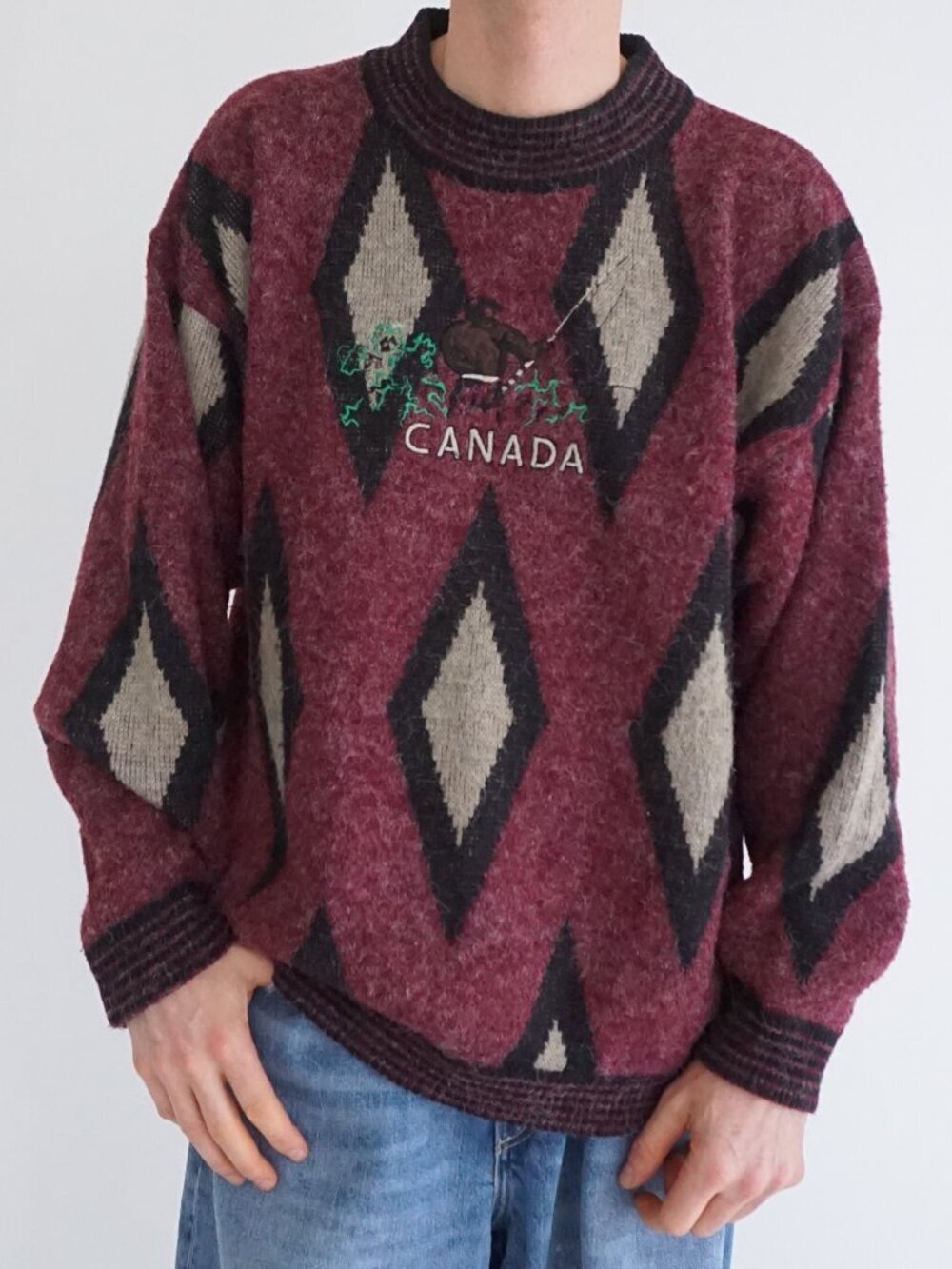 Sundance Burgundy Black Canada Fishing Diamond Pattern Cabin Knit Sweater XLT